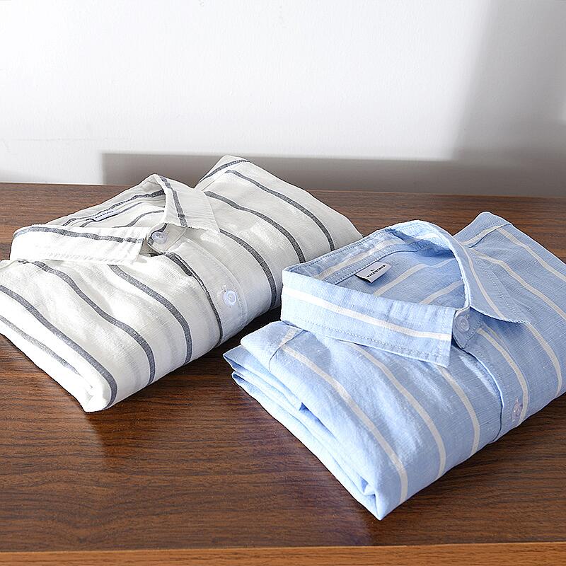 Striped Linen Long Sleeve Shirt - Casual Slim Fit